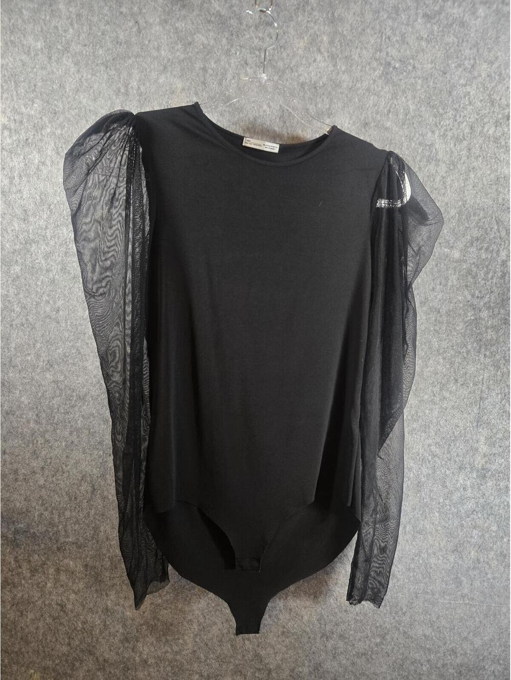 Zara Black Mesh Puff Sleeve Bodysuit Size M Whimsigoth Fairy Office Siren